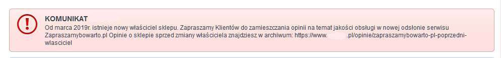 Komunikat informujący o zmianie właściciela strony internetowej